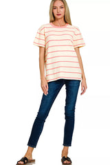 Zenana Textured Striped Crew Neck T-Shirt OutfitFlow