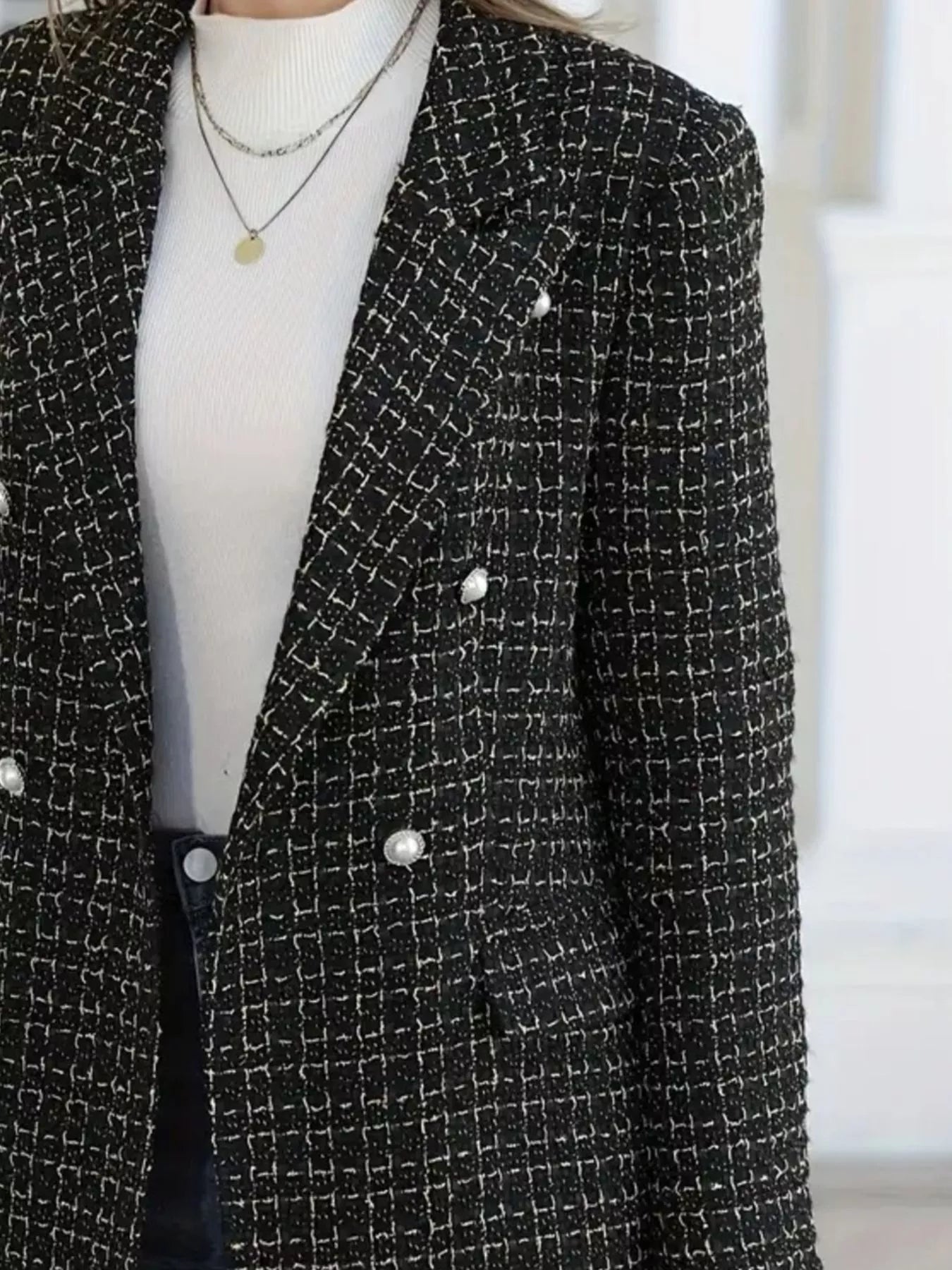Plaid Double-Breasted Tweed Blazer Trendsi
