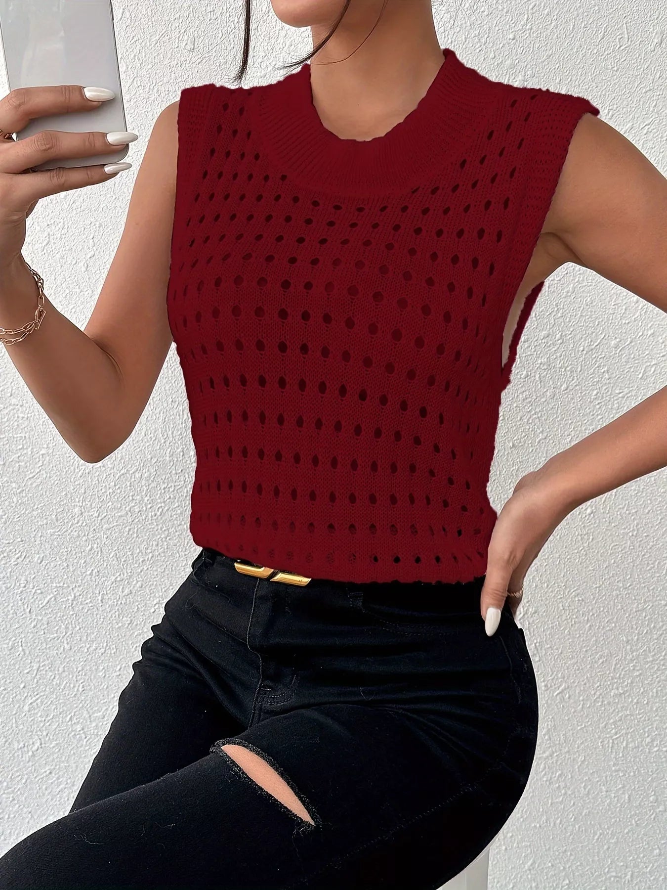 Hollow Out Round Neck Knit Tank Wine Red OutfitFlow