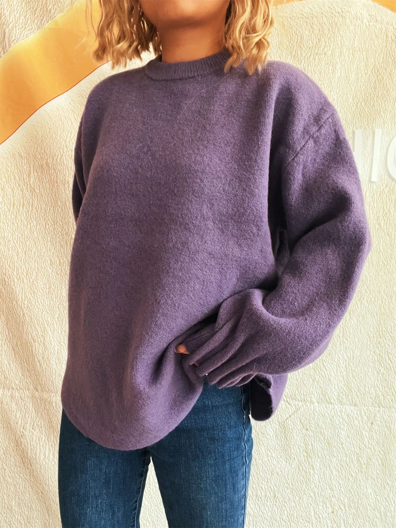 Round Neck Dropped Shoulder Sweater OutfitFlow