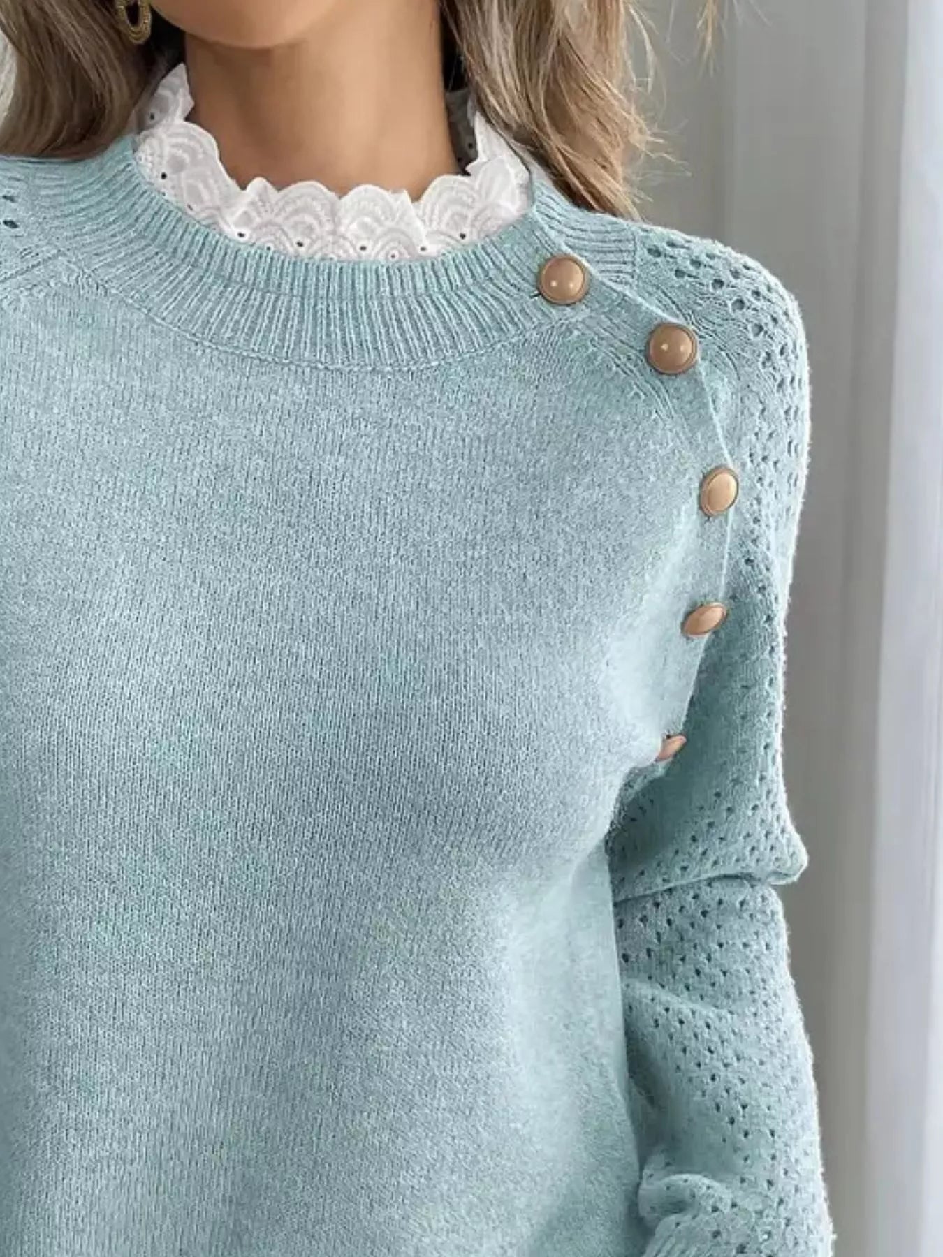Lace Trim Button Detail Openwork Long Sleeve Sweater OutfitFlow