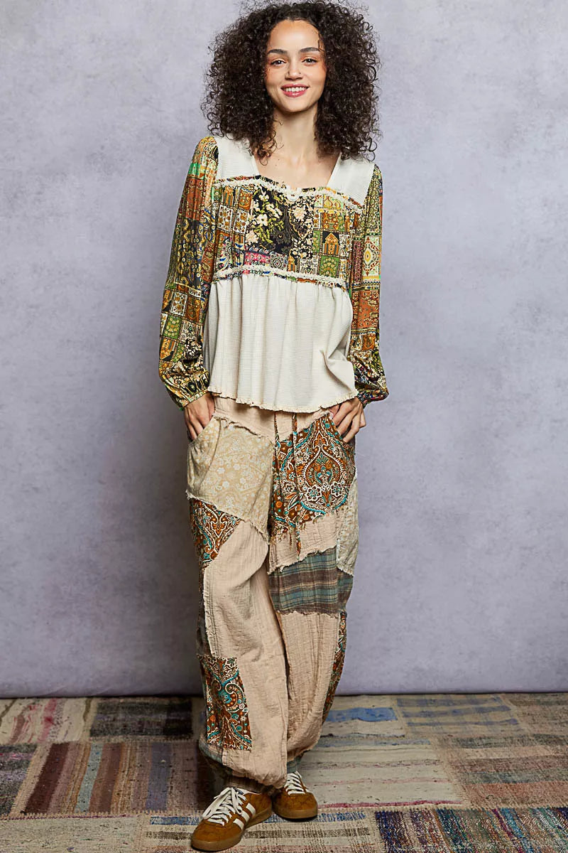 POL Balloon Sleeve Peplum Blouse with Trim Detail OutfitFlow