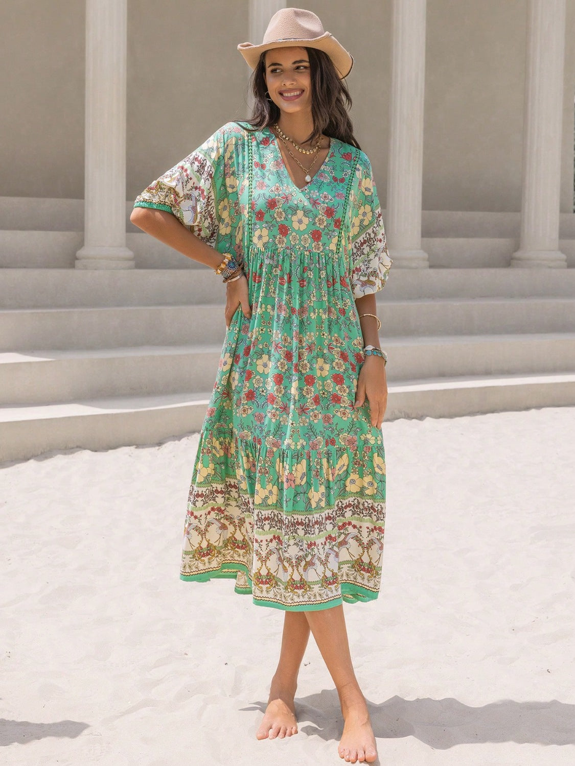 Ruched Printed Puff Sleeve Midi Dress OutfitFlow
