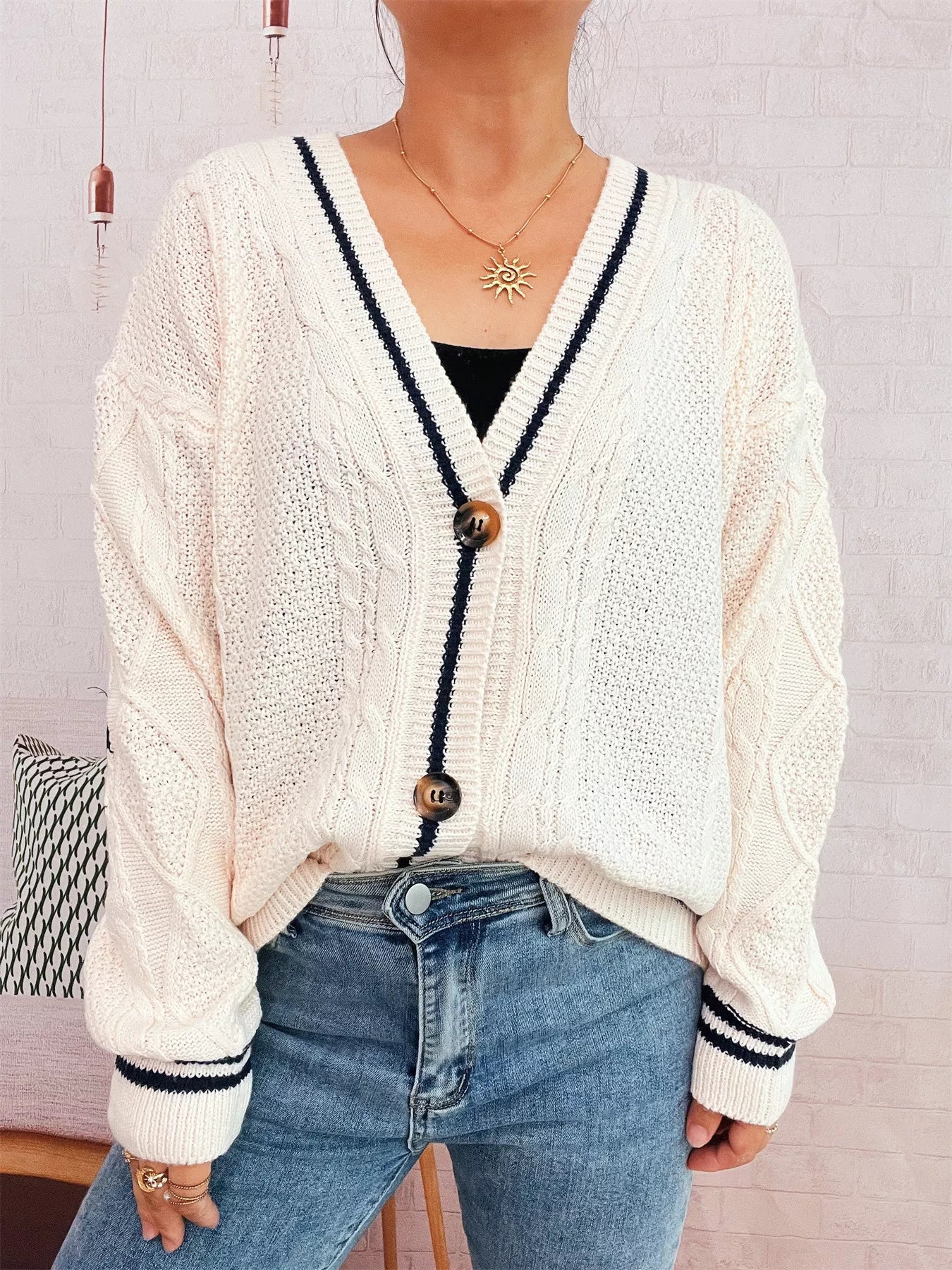 Star Pattern Button-Up Cardigan with Contrast Trim OutfitFlow