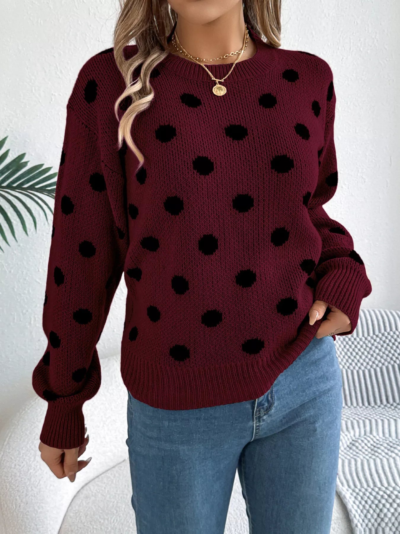 Polka Dot Round Neck Sweater OutfitFlow