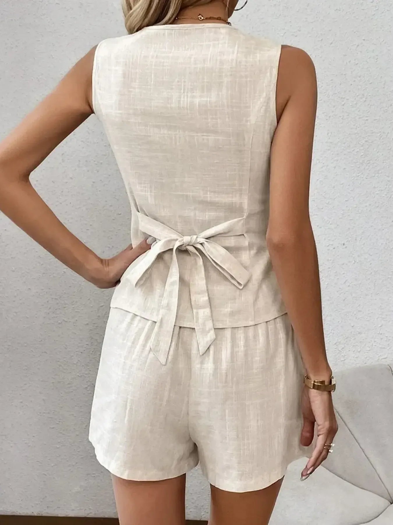 Button Up V-Neck Vest and Shorts Set OutfitFlow