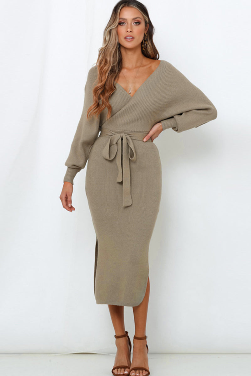 Outfit Flow - Surplice Neck Bow Waist Slit Sweater Dress