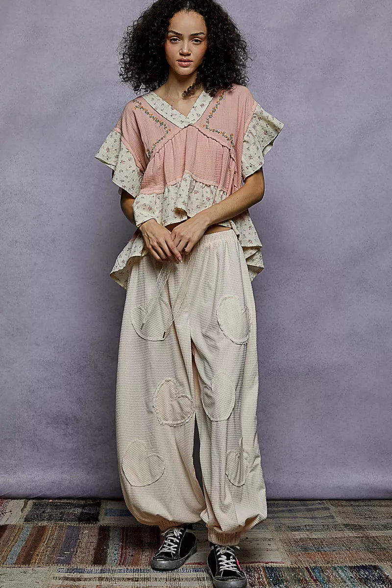 POL Floral V-Neck Short Sleeve Ruffled Double Gauze Blouse with Embroidery Detail OutfitFlow