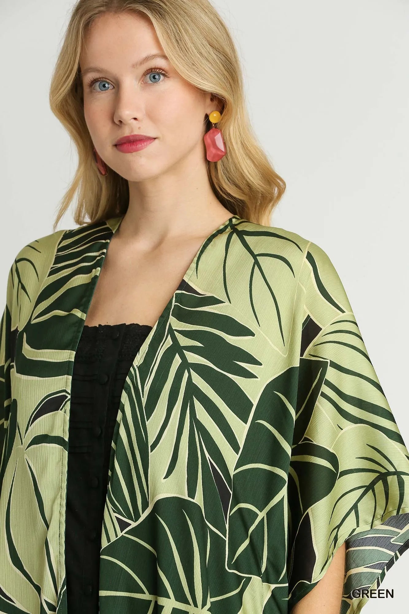 Umgee Satin Tropical Plant Print Open Front Kimono with Ruffle Details OutfitFlow