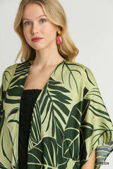 Umgee Satin Tropical Plant Print Open Front Kimono with Ruffle Details OutfitFlow