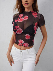 Mesh Rose Print Fitted T-Shirt OutfitFlow