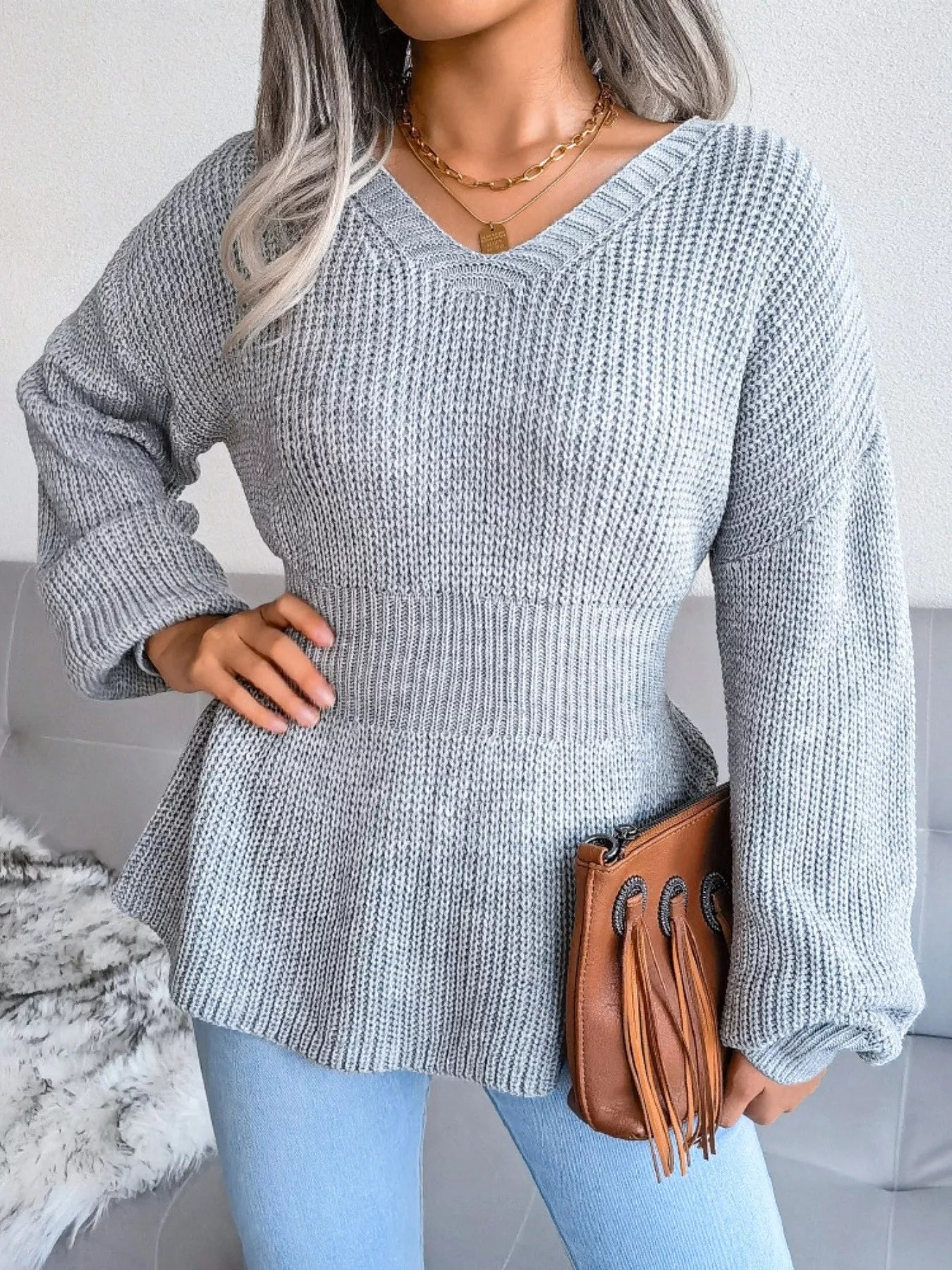 V-Neck Dropped Shoulder Sweater OutfitFlow