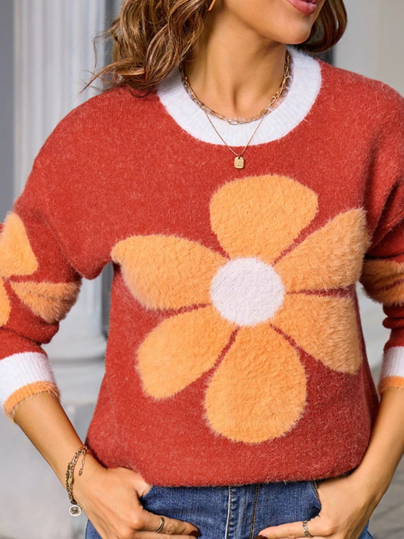 Flower Round Neck Sweater Trendsi