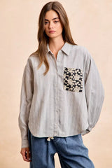 BiBi Flower Jacquard Knit Patch Pocket Stripe Shirt GREY BLACK OutfitFlow