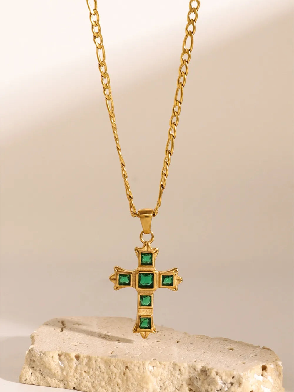 Stainless Steel Zircon Cross Pendant Necklace Green One Size OutfitFlow