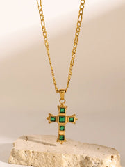Stainless Steel Zircon Cross Pendant Necklace Green One Size OutfitFlow