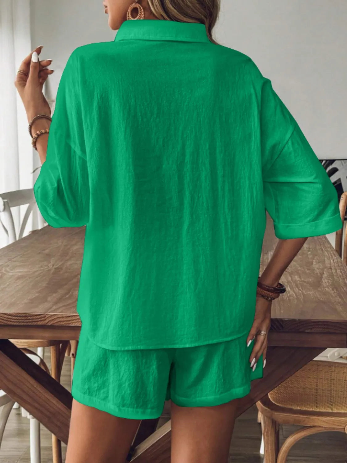 Collared Neck Half Sleeve Top and Shorts Set OutfitFlow