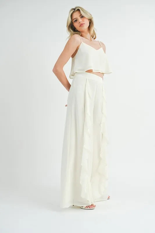 MABLE Crop Cami and Ruffled Wide Leg Pants Set OutfitFlow