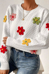 Outfit Flow - Crochet Flower Round Neck Long Sleeve Sweater