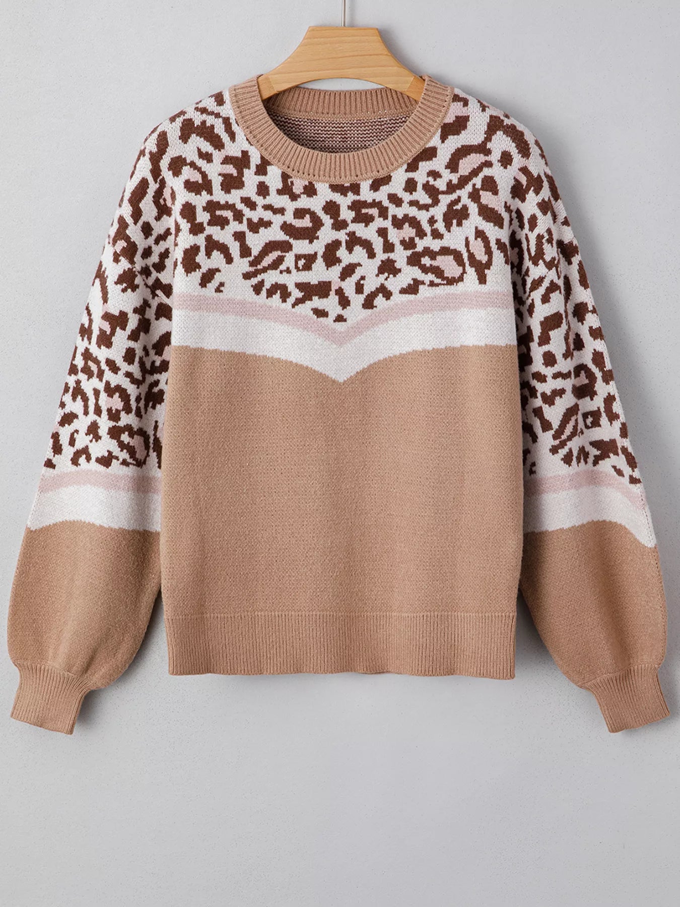 Leopard Color Block Knit Round Neck Baggy Sweater OutfitFlow