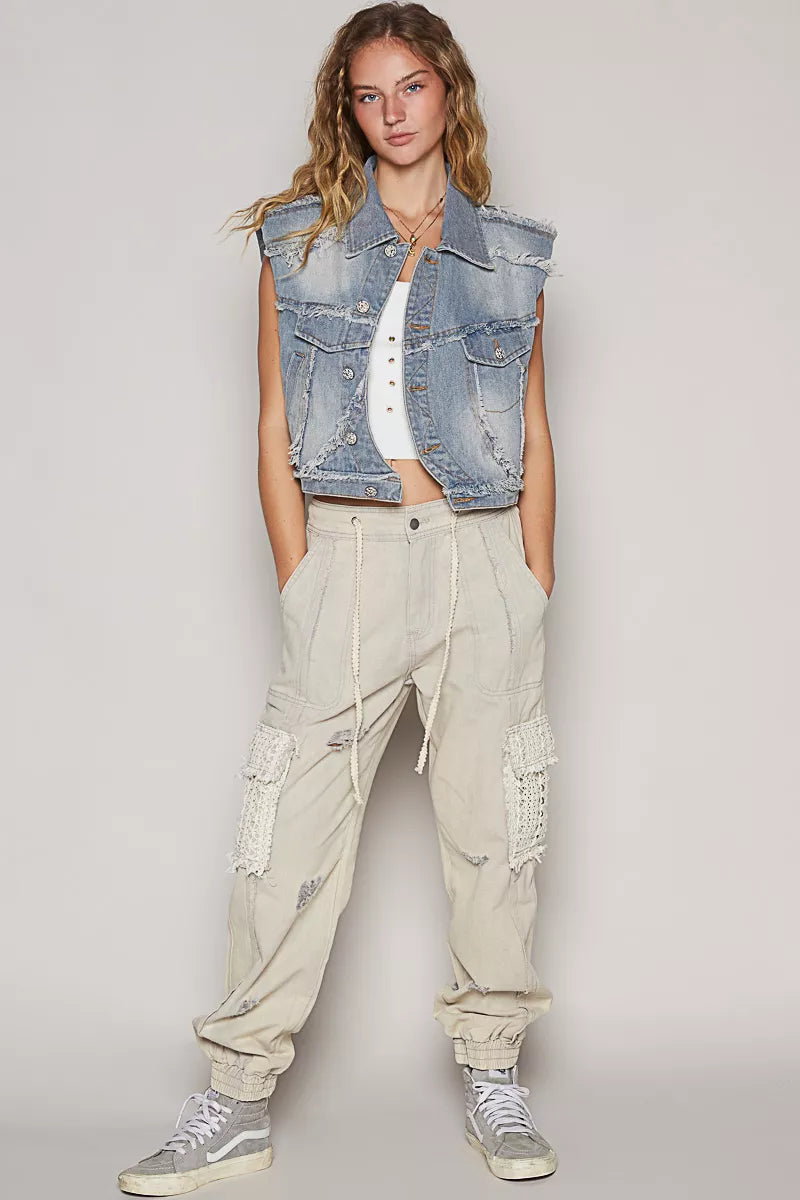 POL Assymetrical Front Closure Raw Hem Denim Vest OutfitFlow