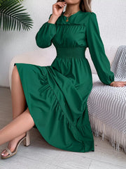 Round Neck Balloon Sleeve Tiered Dress OutfitFlow
