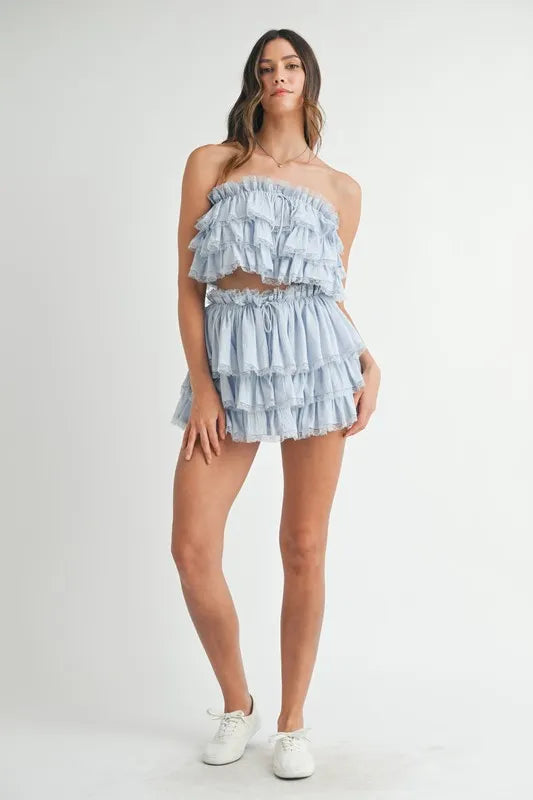 MABLE Ruffle Layered Crop Top and Mini Skirt Set OutfitFlow