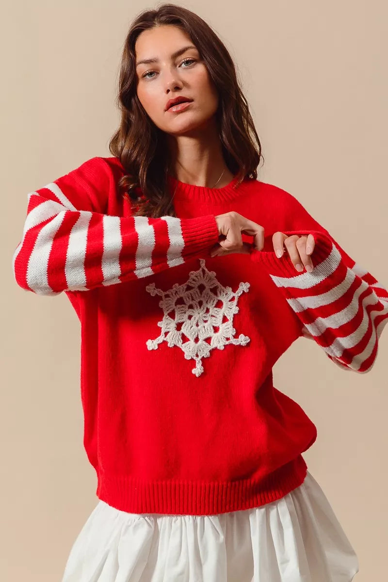 SO ME Christmas Snowflake Crochet Embellished Sweater Trendsi