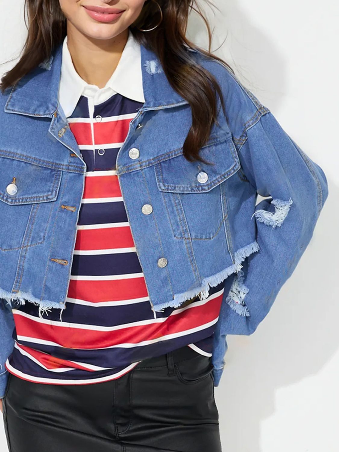 Outfit Flow - Raw Hem Collared Neck Cropped Denim Top