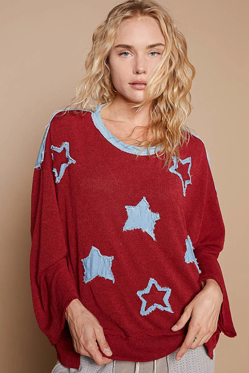 POL Exposed Seam Relaxed Fit Sweater with Star Denim Patch DARK RED Trendsi