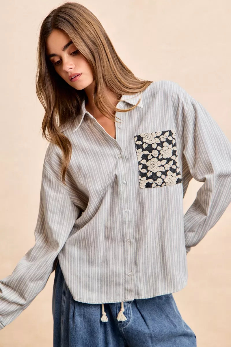 BiBi Flower Jacquard Knit Patch Pocket Stripe Shirt OutfitFlow
