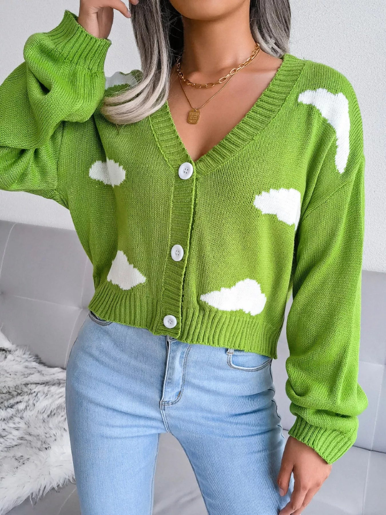 Cloud Pattern Button-Up Cropped Cardigan OutfitFlow