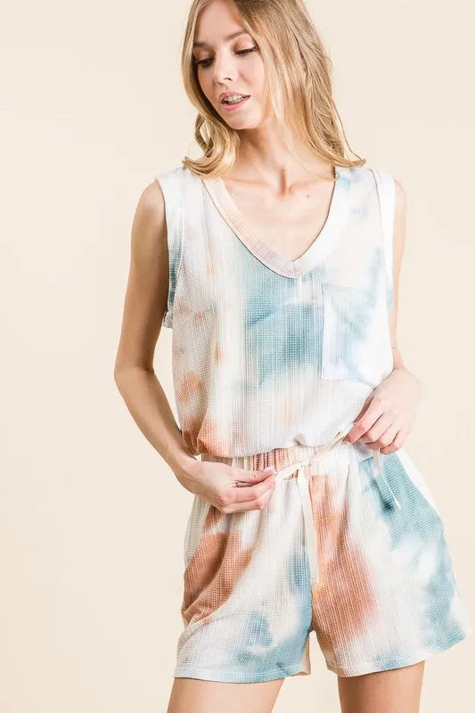 BiBi Tie Dye Textured Knit Top and Shorts Set OutfitFlow