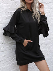 Ruffled Drawstring Long Sleeve Hooded Dress OutfitFlow