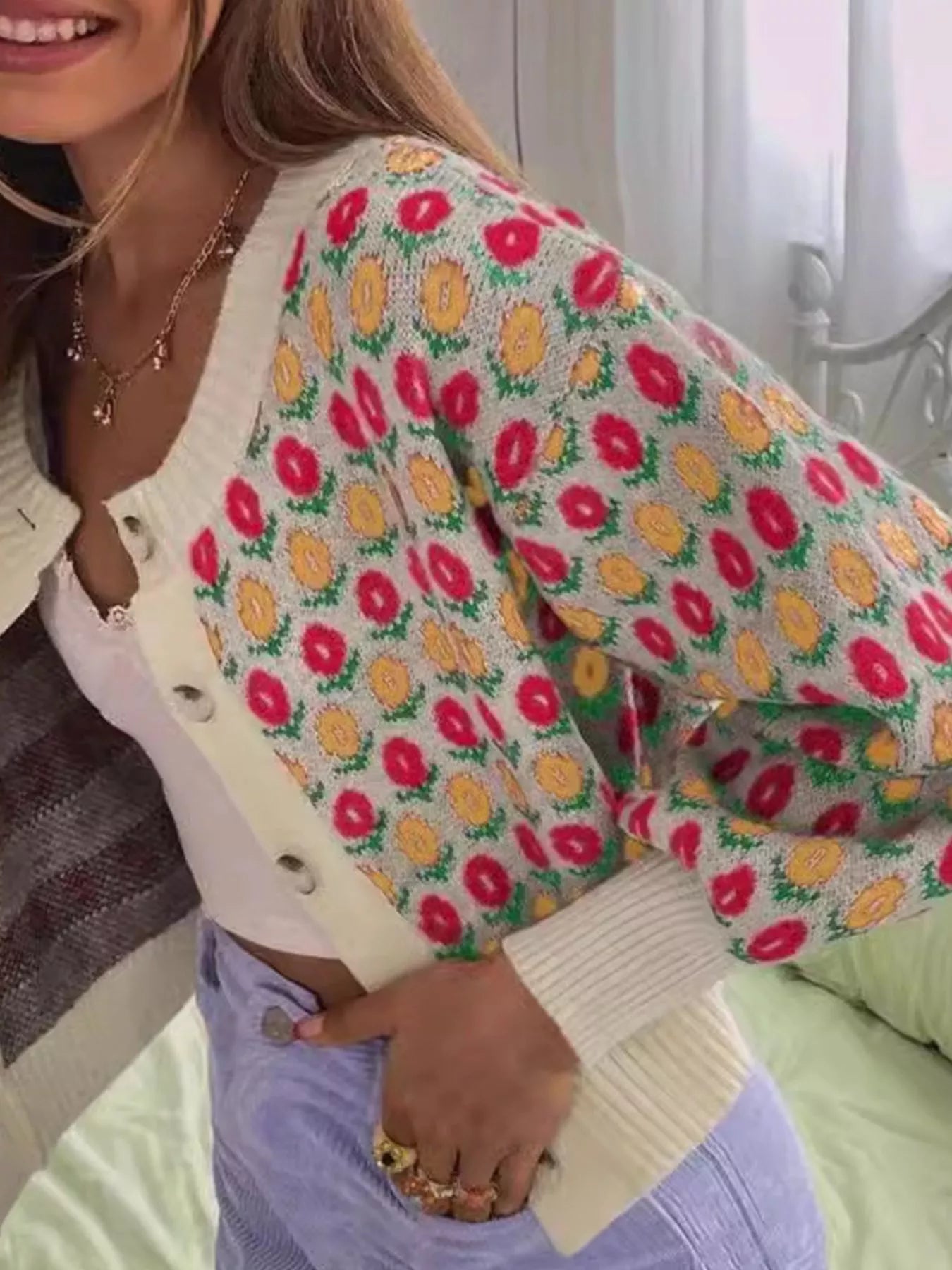 Floral Button Up Long Sleeve Cardigan OutfitFlow