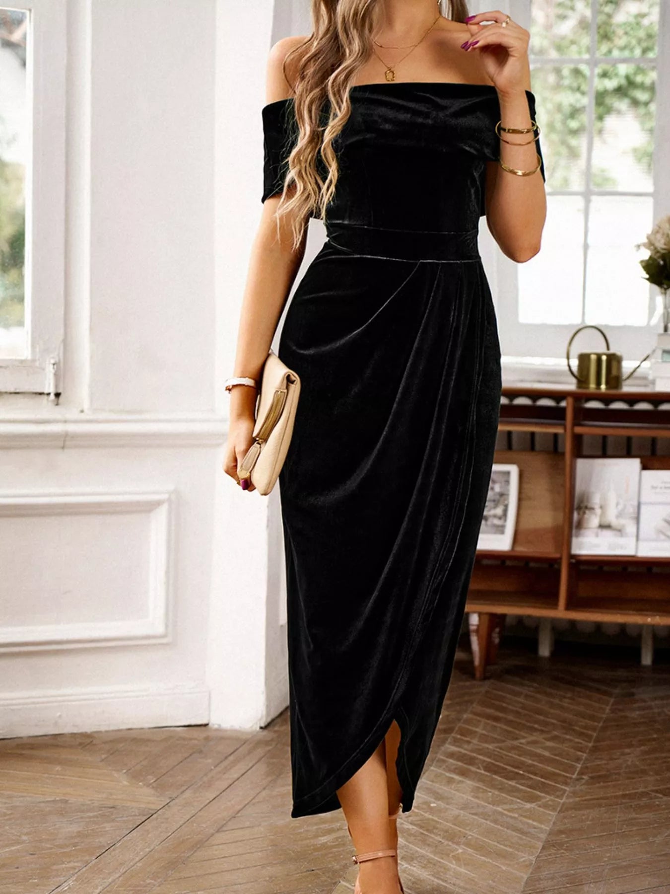Velvet Off-Shoulder Ruched Midi Dress Trendsi