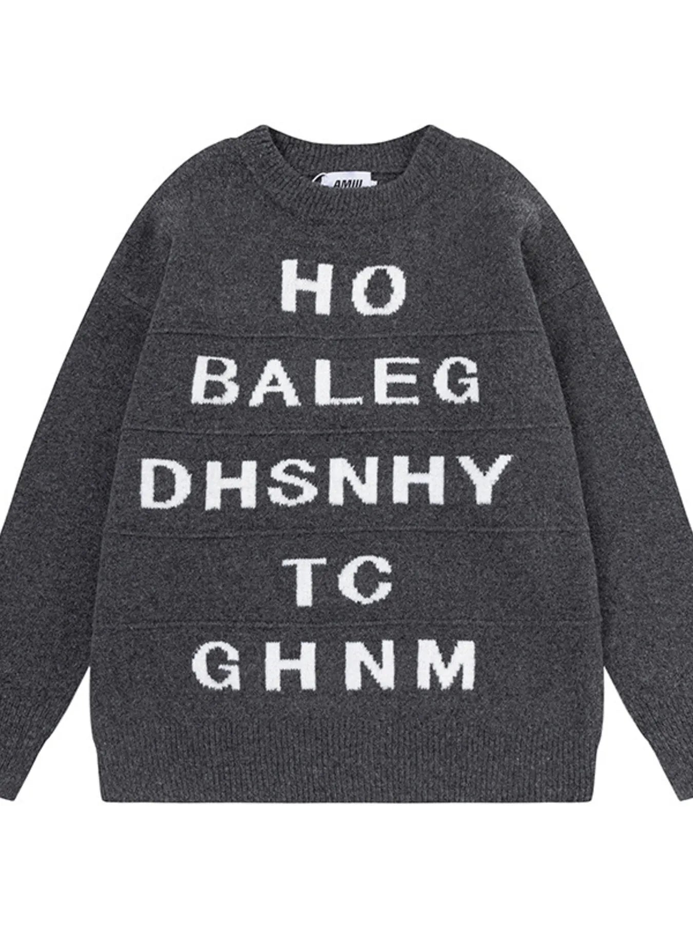 Men's Letter Ribbed Hem Round Neck Sweater Black OutfitFlow