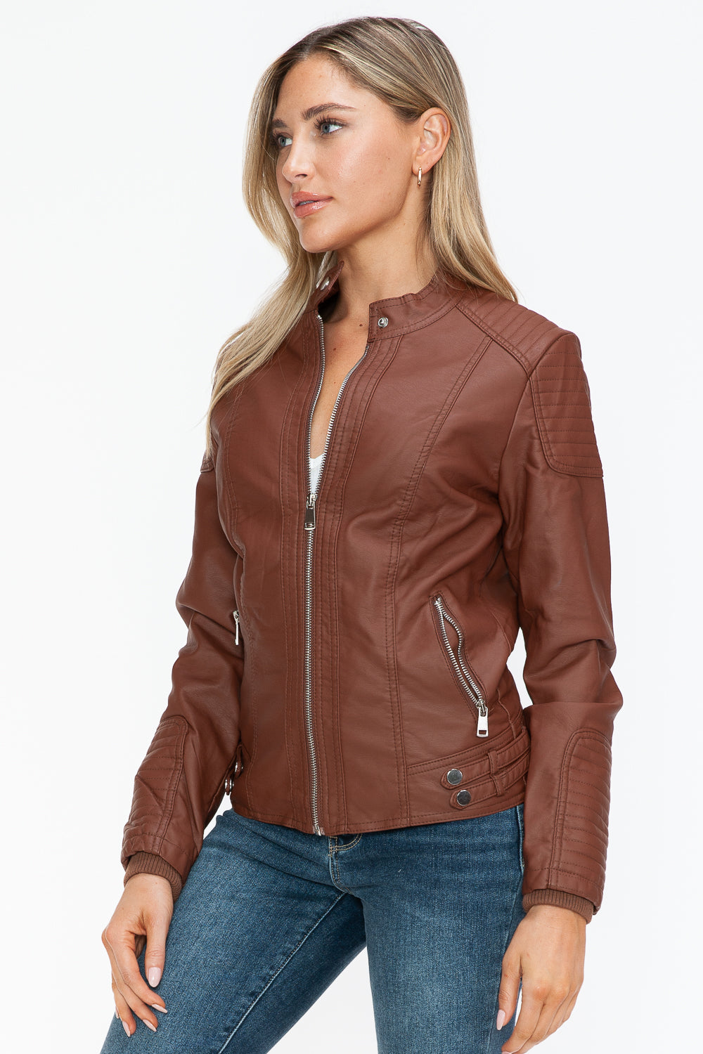 Outfit Flow - Snobbish Faux Leather Biker Jacket with Side Zip Pockets