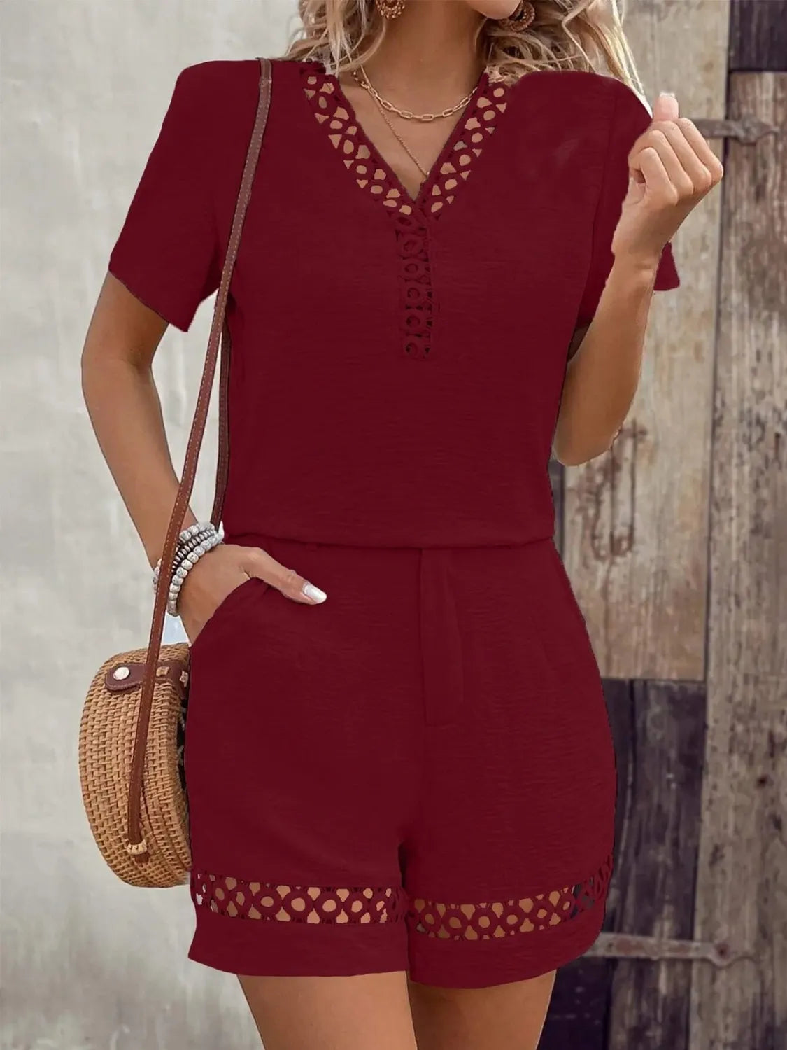 V Neck Short Sleeve Top and Shorts Set Burgundy OutfitFlow