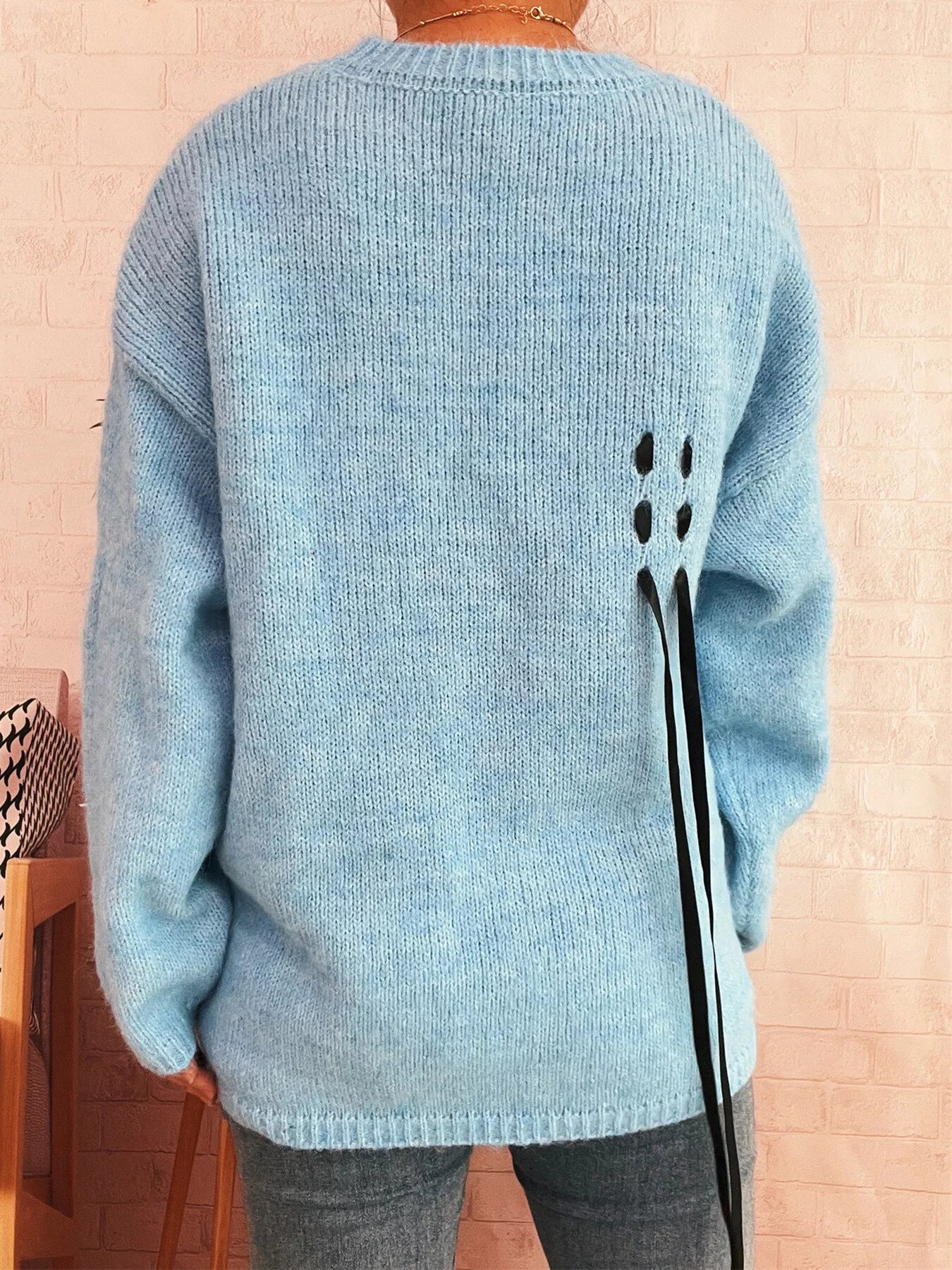 Round Neck Long Sleeve Sweater with Ribbon Details OutfitFlow