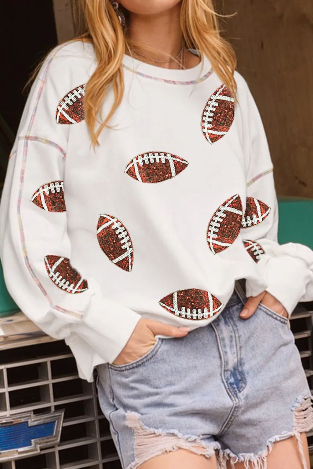 Outfit Flow - Sequin Football Round Neck Long Sleeve Sweatshirt