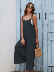 Scoop Neck Spaghetti Strap Jumpsuit Black OutfitFlow