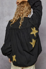 POL Star Patch Raw Hem Button Up Denim Jacket OutfitFlow