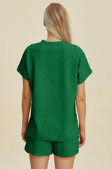 Double Take Full Size Texture Round Neck Short Sleeve Top and Shorts Set OutfitFlow