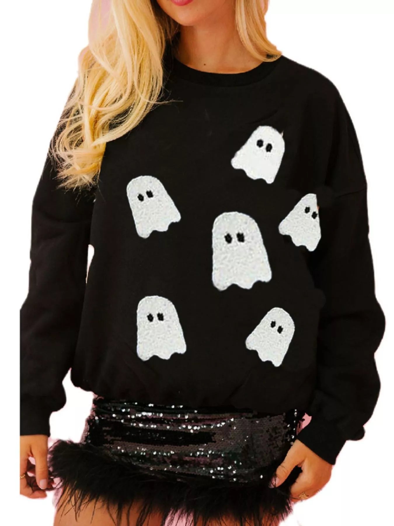 Halloween Sequin Round Neck Sweatshirt Black Multiple Ghosts OutfitFlow