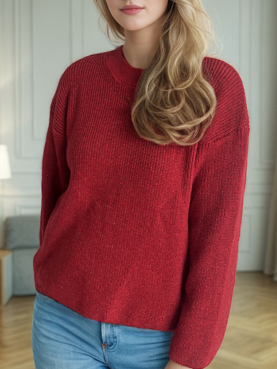 Solid Color Round Neck Long Sleeve Sweater