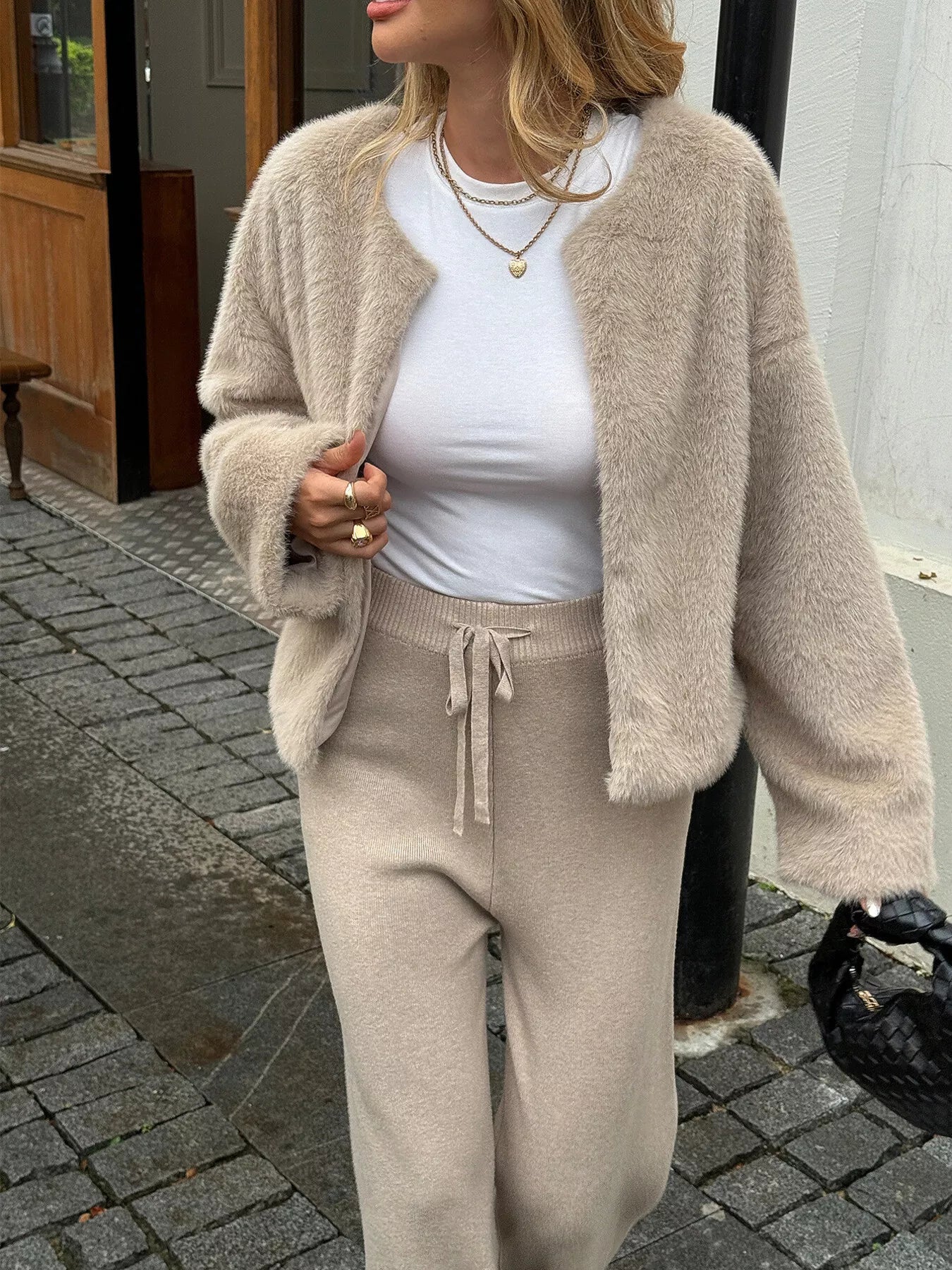 Open Front Dropped Shoulder Fuzzy Outerwear OutfitFlow