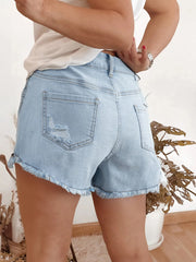 High Rise Distressed Raw Hem Denim Shorts OutfitFlow