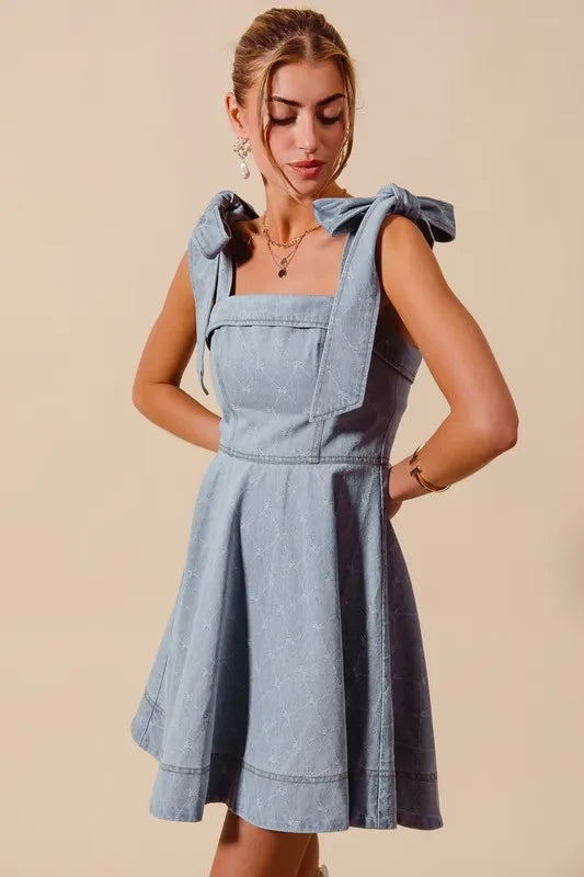 SO ME A Line Fit and Flare Diamond Bow Ribbon Denim Dres OutfitFlow