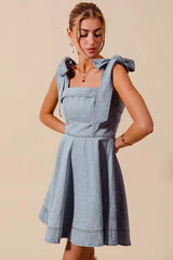 SO ME A Line Fit and Flare Diamond Bow Ribbon Denim Dres OutfitFlow